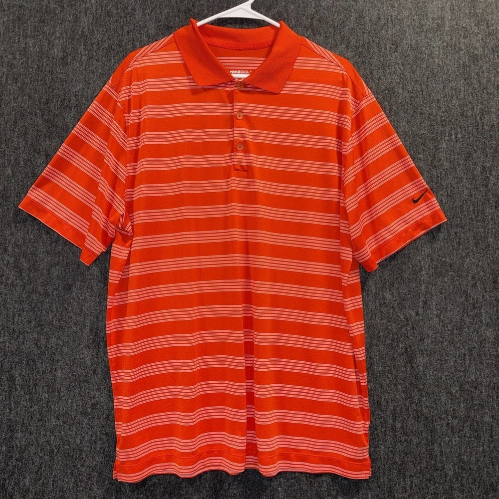 Nike Golf‎ Polo Mens XL Orange White Stripe Dri-Fit Tour Performance Swoosh Logo